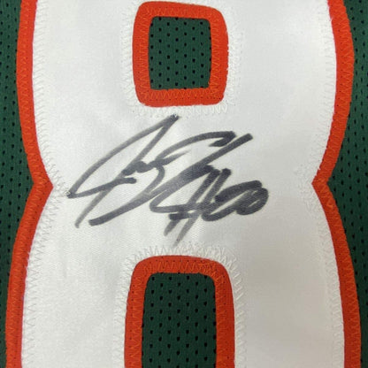Framed Autographed/Signed Jeremy Shockey 35x39 Miami Green College Football Jersey JSA COA