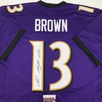 Autographed/Signed John Brown Baltimore Purple Football Jersey JSA COA