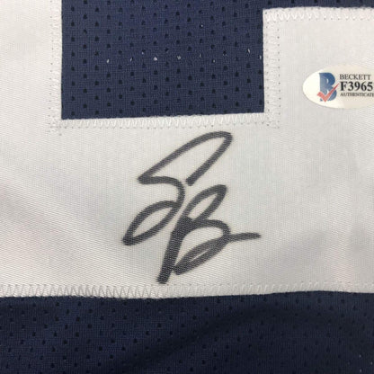 Autographed/Signed Saquon Barkley Penn State Blue College Football Jersey Beckett BAS COA