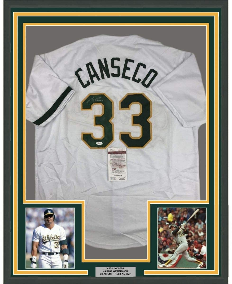Framed Autographed/Signed Jose Canseco 35x39 Oakland White Baseball Jersey JSA COA