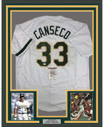 Framed Autographed/Signed Jose Canseco 35x39 Oakland White Baseball Jersey JSA COA