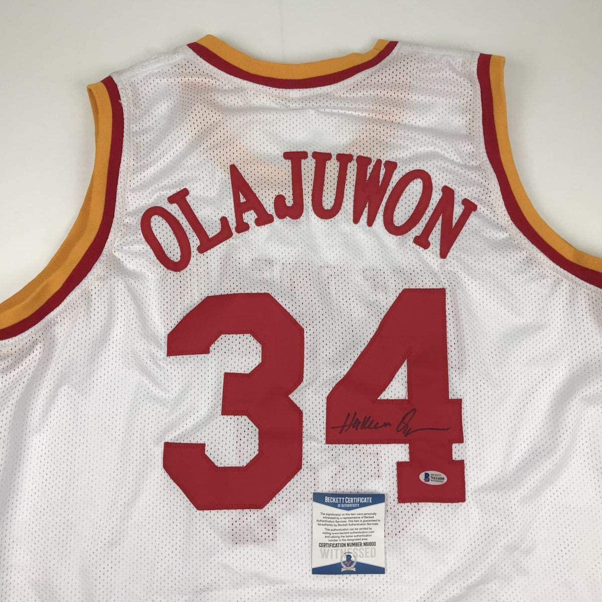 Autographed/Signed Hakeem Olajuwon Houston White Basketball Jersey Beckett BAS COA