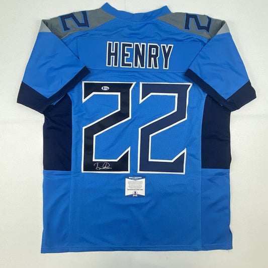 Autographed/Signed Derrick Henry Tennessee Titans Light Blue Football Jersey Beckett BAS COA
