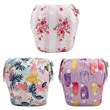 Babygoal Baby Girl Swim Diapers 3 Pack for 0-8 Months Infant, Reusable Adjustable Washable for Swim Class-Flower