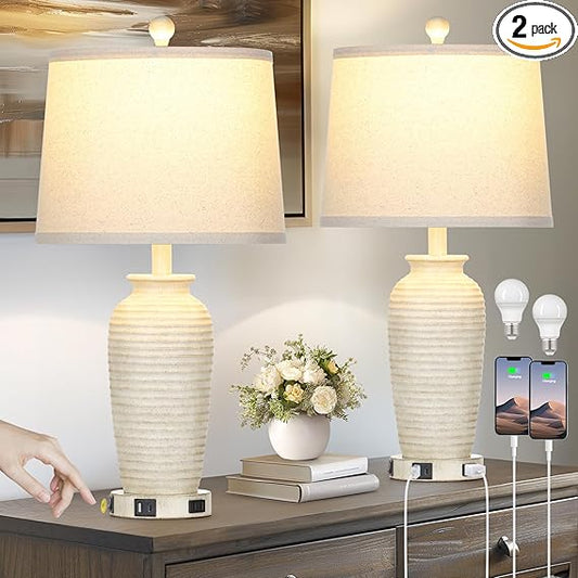 25" Farmhouse Jar Table Lamps Set of 2, Bedside Lamps with USB A+C Ports & AC Outlet, Beige Lamps, Nightstand Lamps for Bedroom Living Room (2 LED Bulbs)