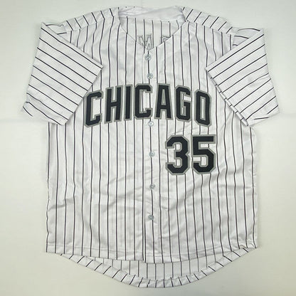 Autographed/Signed Frank Thomas HOF 2014 Chicago Pinstripe Baseball Jersey JSA COA