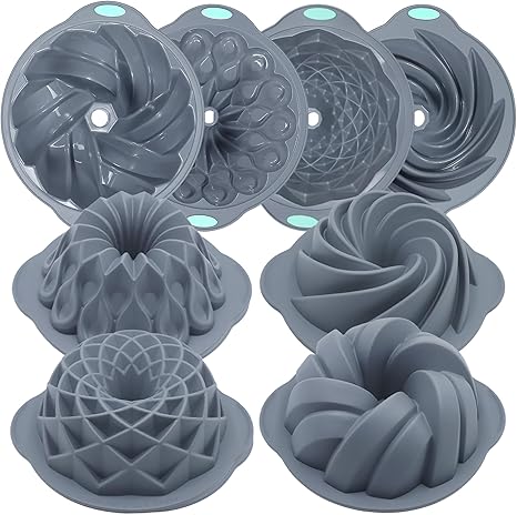 4 Pieces Silicone Fluted Cake Pans, 10/12 Cups Tube Baking Pan, Silicone Molds for Homemade Cake, Bread and Jello, BPA Free, Grey