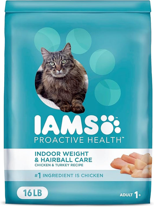 IAMS PROACTIVE HEALTH Adult Indoor Weight Control & Hairball Care Dry Cat Food with Chicken & Turkey Cat Kibble, 16 lb. Bag