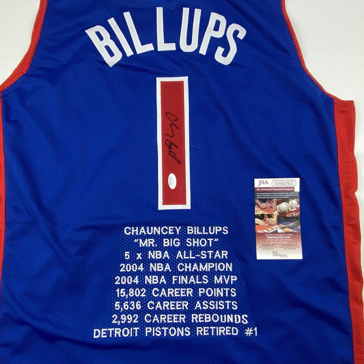 Autographed/Signed Chauncey Billups Detroit Blue Stat Basketball Jersey JSA COA
