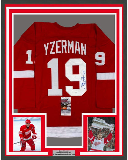 Framed Autographed/Signed Steve Yzerman 35x39 Detroit Red Hockey Jersey JSA COA