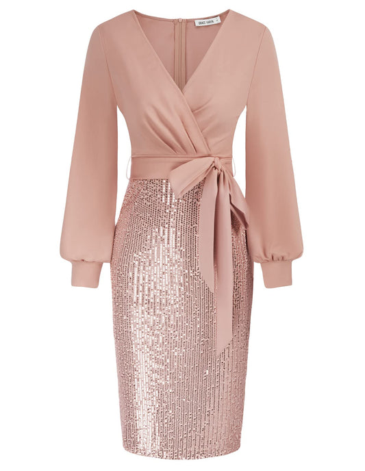 GRACE KARIN Sequin Wedding Guest Dresses for Women Wear to Party Bodycon with Belt Pink XXL