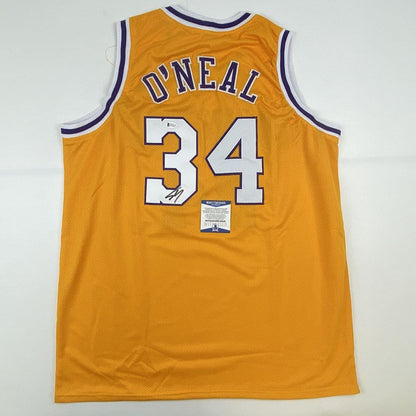 Autographed/Signed Shaquille Shaq O'Neal Los Angeles LA Yellow Basketball Jersey Beckett BAS COA