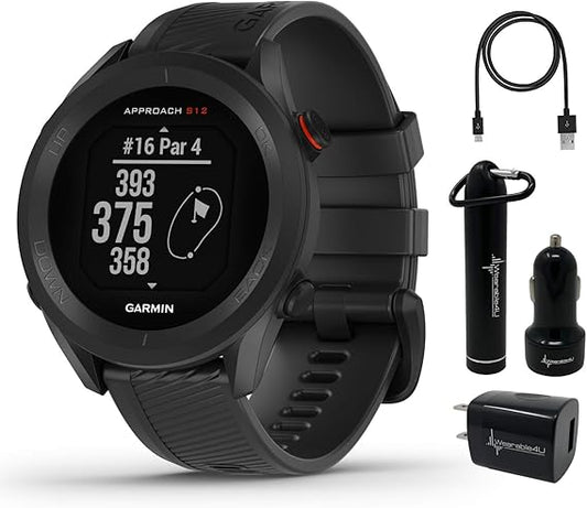 Wearable4U - Garmin Approach S12 Premium GPS Golf Watch, Black with Power Pack Bundle