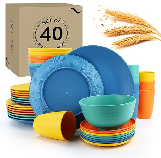 40Pack plates and bowls sets for kids - Unbreakable wheat straw dinnerware sets service for 8 - Alternative plastic 40pcs dish sets for kitchen, camping and indoors dinning - (Colorful)