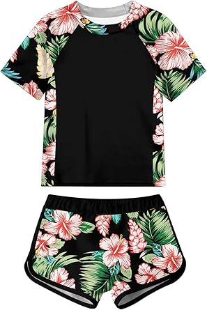 ADUKIDE Girls Rash Guard Swimsuit 2-Piece Bathing Suit UPF 50+ Summer Beach Swimwear Size 7-14T