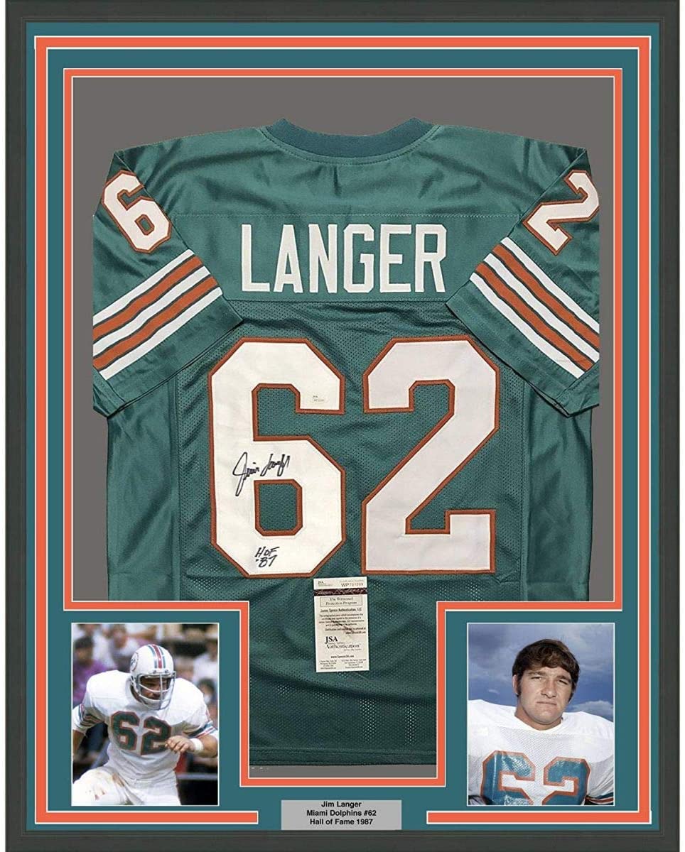 Framed Autographed/Signed Jim Langer HOF 87  35x39 Miami Dolphins Teal Football Jersey JSA COA