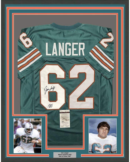 Framed Autographed/Signed Jim Langer HOF 87  35x39 Miami Dolphins Teal Football Jersey JSA COA