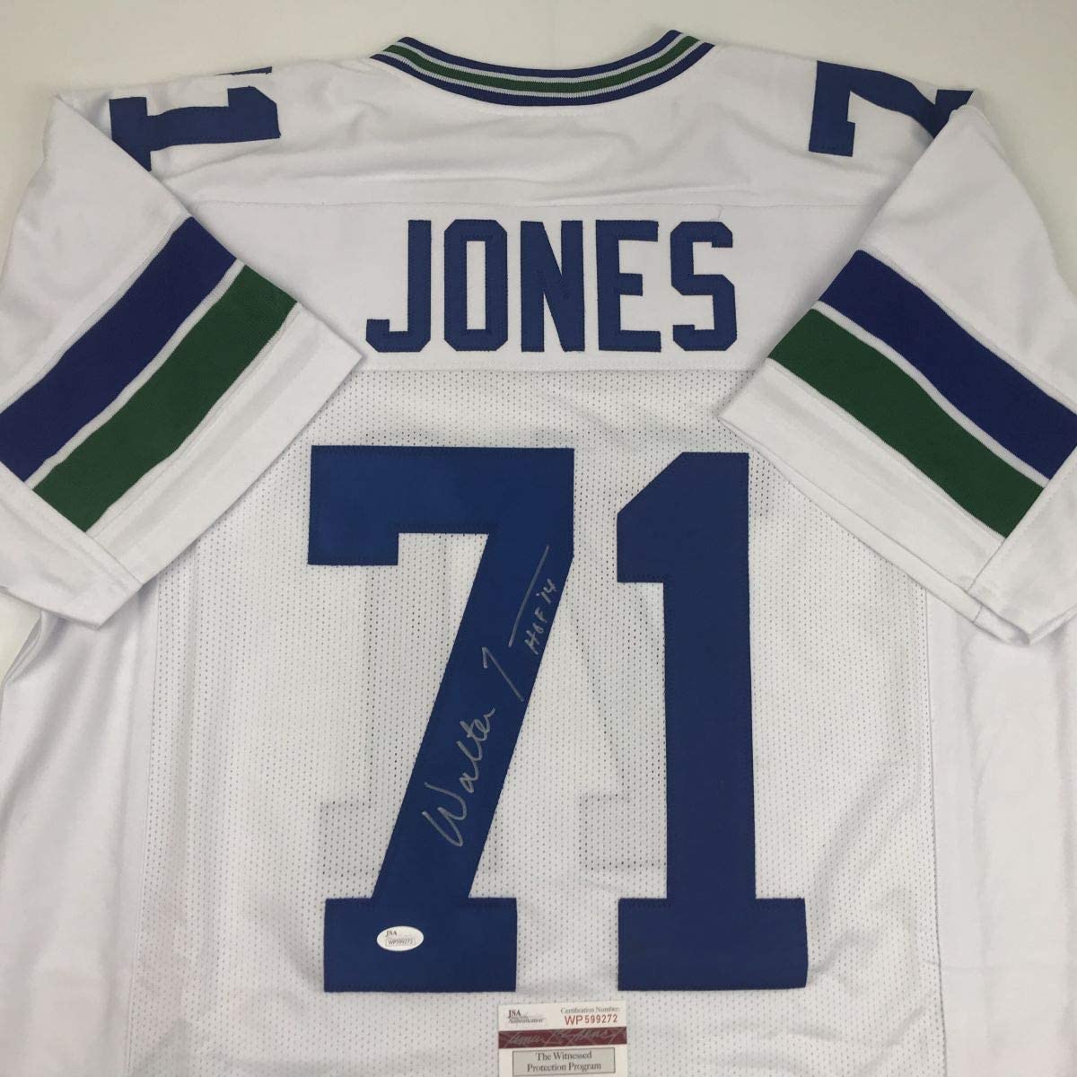 Autographed/Signed Walter Jones HOF 14 Seattle White Football Jersey JSA COA
