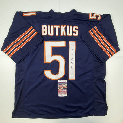 Autographed/Signed Dick Butkus HOF 79 Chicago Blue Football Jersey JSA COA