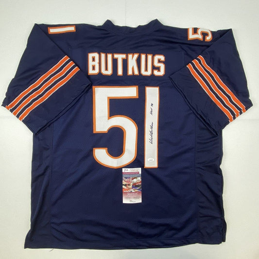 Autographed/Signed Dick Butkus HOF 79 Chicago Blue Football Jersey JSA COA