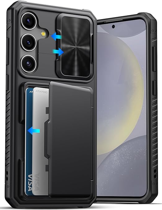 for Samsung Galaxy S24+ Plus Case, Built-in Card Holder(Store 4-5 Cards) & Slide Camera Cover, Military Grade Protection, Rugged Silicone Wallet Case for Galaxy S24+ Plus 6.7", Black