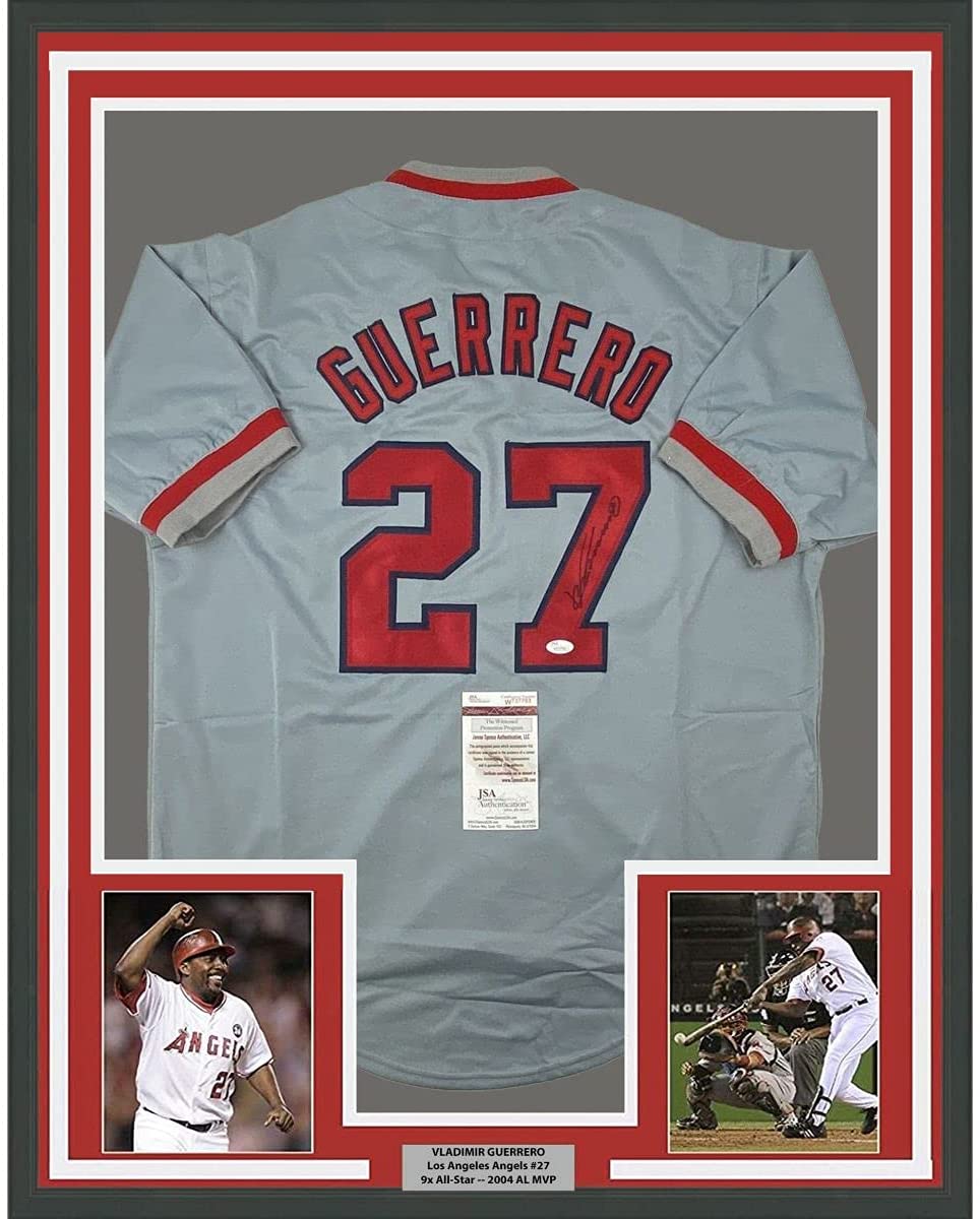 Framed Autographed/Signed Vladimir Vlad Guerrero 35x39 Los Angeles LA Anaheim Grey Baseball Jersey JSA COA
