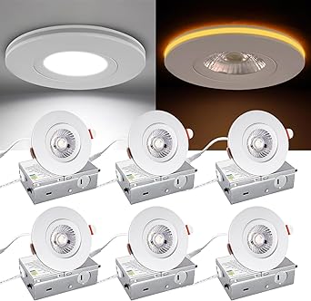 3 Inch LED Recessed Lights, Dimmable Gimbal Lights with Night Light, 360ë� Rotation, 8W+3W, Canless, ETL Certified, Perfect for Soffit, Kitchens, Hallways, and Indoor Use, White, 6 Pack