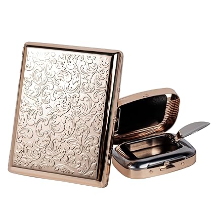 Vintage Metal Cigarette Case/Box for Regular and King, Holde 20pcs 100's, Credit Card Holder RFID Protected Secure Wallet with Compact Ashtray (Gold)