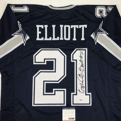 Autographed/Signed Ezekiel Elliott Dallas Dark Blue Football Jersey PSA/DNA COA