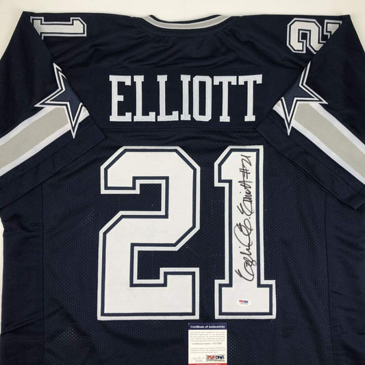 Autographed/Signed Ezekiel Elliott Dallas Dark Blue Football Jersey PSA/DNA COA