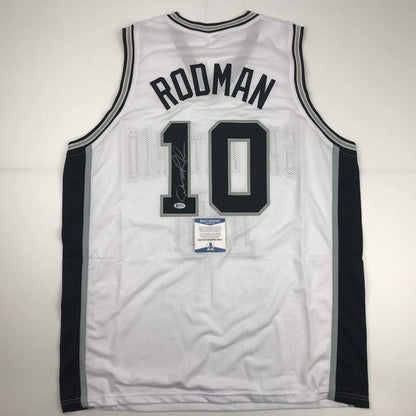 Autographed/Signed Dennis Rodman San Antonio White Basketball Jersey Beckett BAS COA