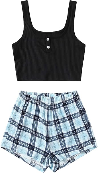 Verdusa Women's 2 Piece Outfits Crop Tank Top and Plaid Shorts Cute Loungewear Pajama Set