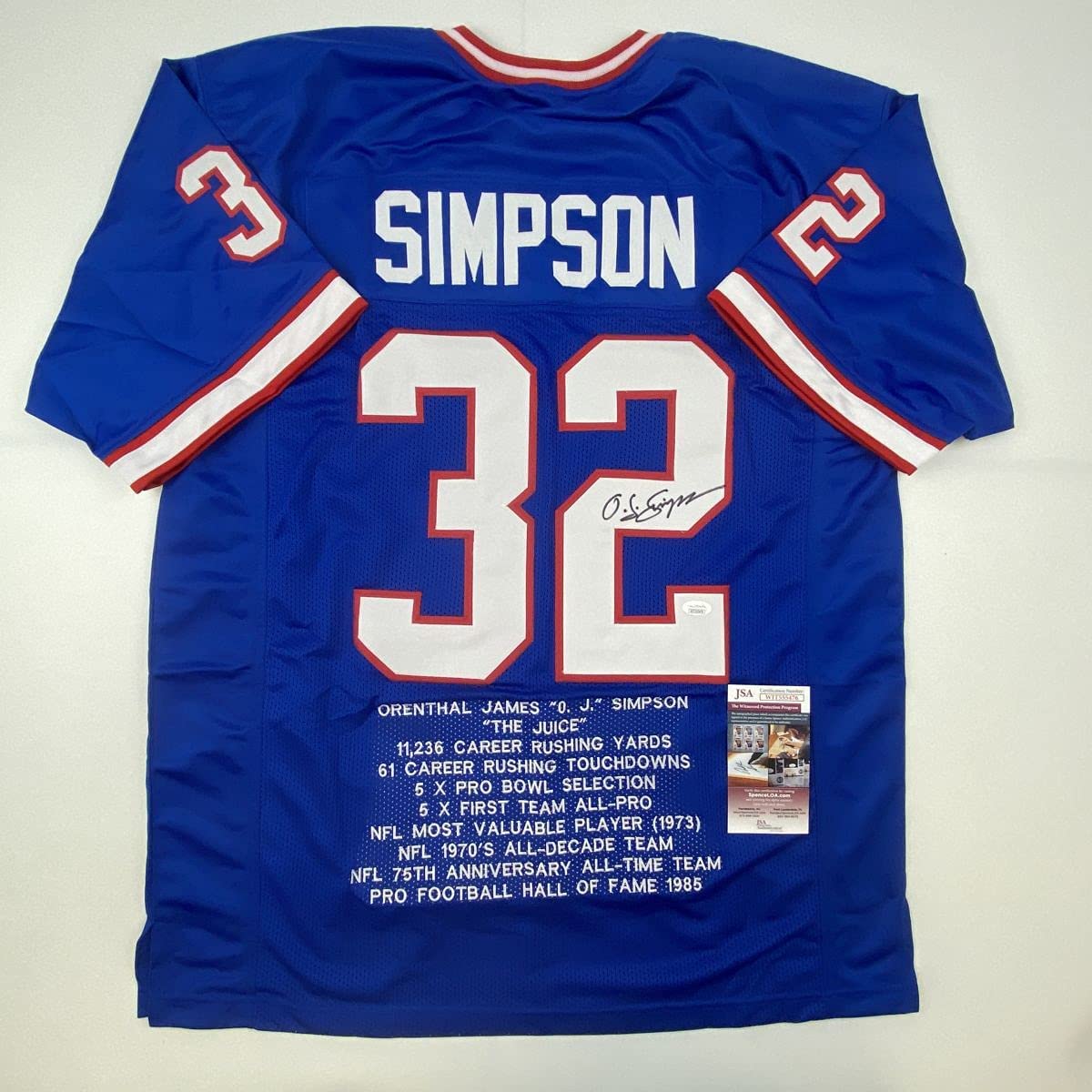 Autographed/Signed OJ O.J. Simpson Buffalo Blue Stat Football Jersey JSA COA