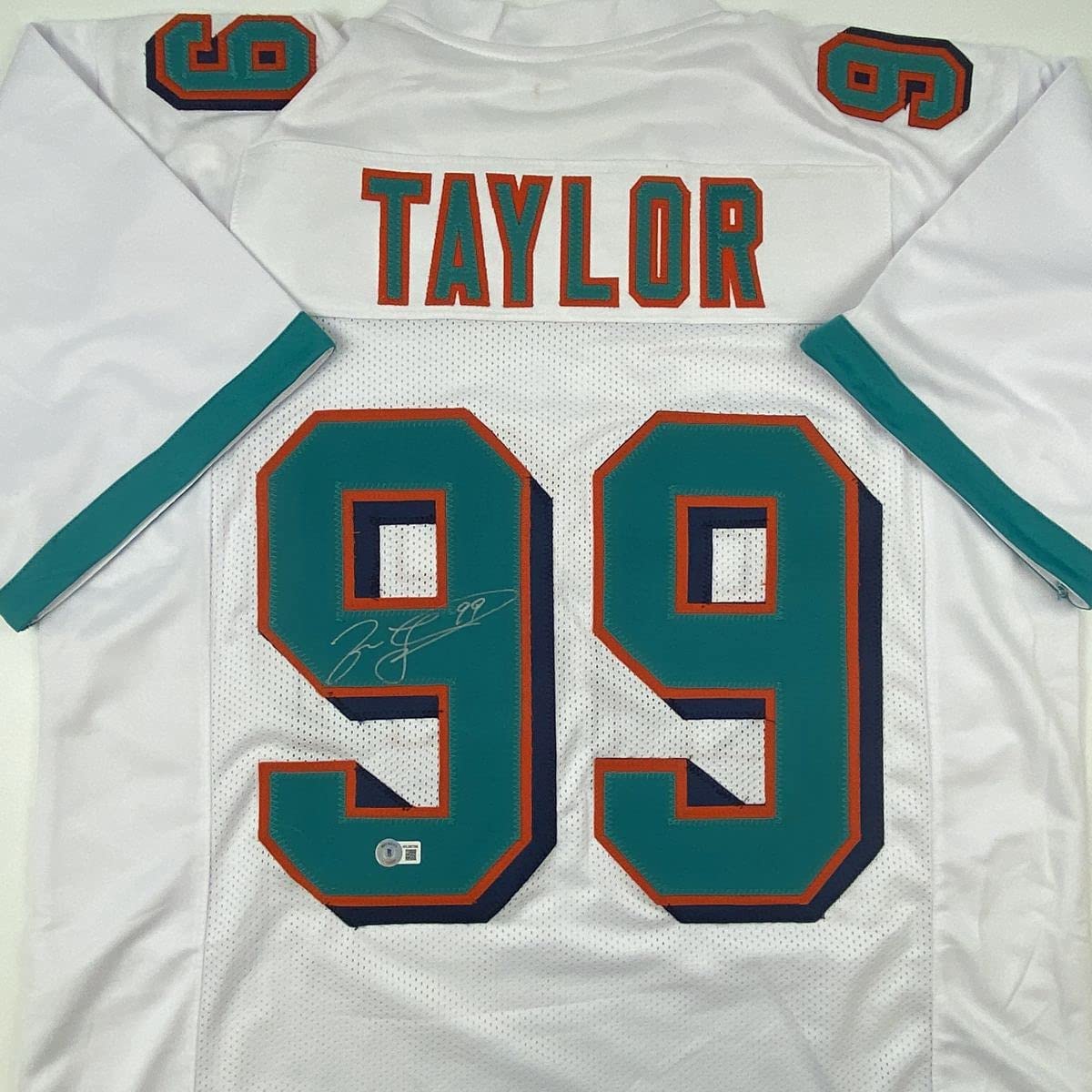 Autographed/Signed Jason Taylor Miami White Football Jersey Beckett BAS COA