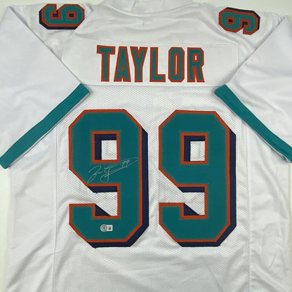 Autographed/Signed Jason Taylor Miami White Football Jersey Beckett BAS COA