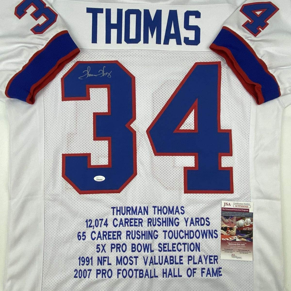 Autographed/Signed Thurman Thomas Buffalo White Stat Football Jersey JSA COA