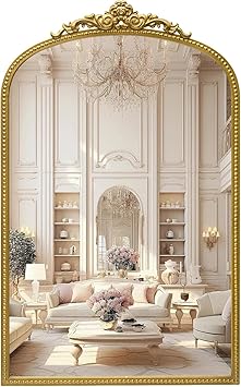 24" x 38" Antique Gold Arch Bathroom Mirror, Traditional Beaded Frame Wall Mirror, Retro Baroque Inspired Decorative Mirror for Vanity Bedroom Entryway Mantel