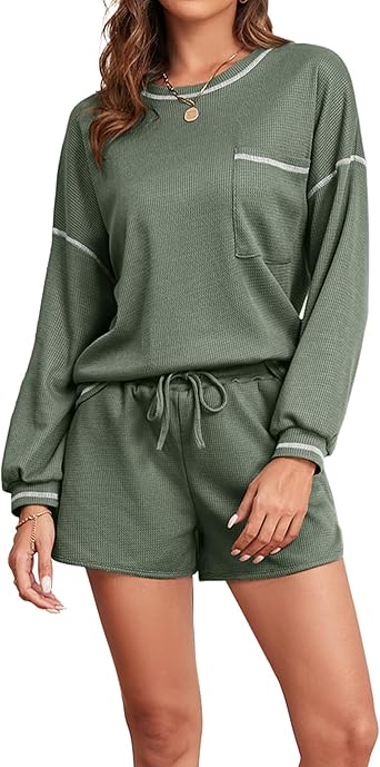 Andeip Women's 2 Piece Outfits Casual Short Sleeve Waffle Tops and Drawstring Shorts Pants Lounge Sets