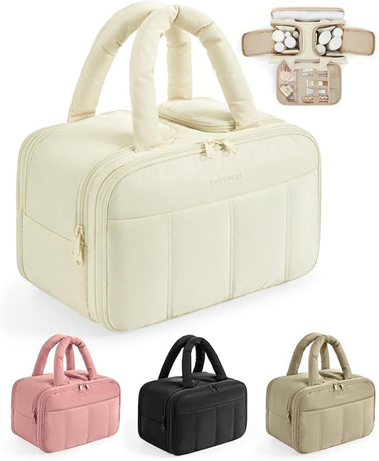 BAGSMART Travel Toiletry Bag, Puffy Large Toiletry Bag for Women, Lightweight Cosmetic Makeup Bag Organizer with Handle for Traveling, Accessories, Essentials, Toiletries •_öBeige