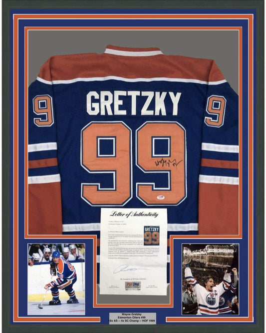 Framed Autographed/Signed Wayne Gretzky 35x39 Edmonton Blue Hockey Jersey PSA/DNA COA/LOA
