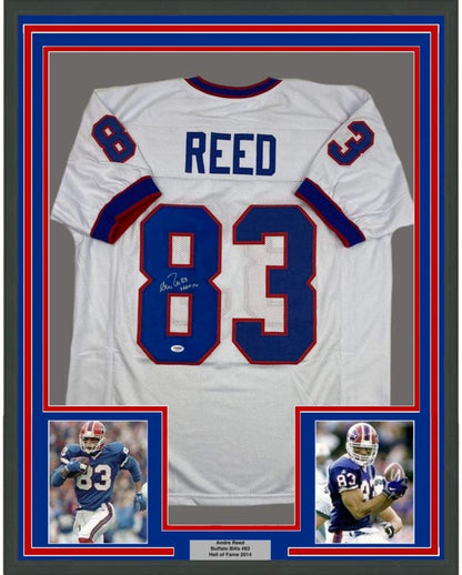 Framed Autographed/Signed Andre Reed HOF 14 35x39 Buffalo White Football Jersey PSA/DNA COA