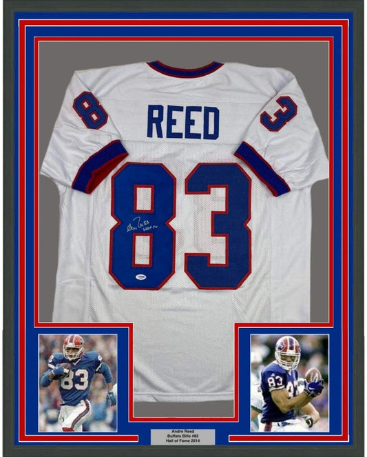Framed Autographed/Signed Andre Reed HOF 14 35x39 Buffalo White Football Jersey PSA/DNA COA