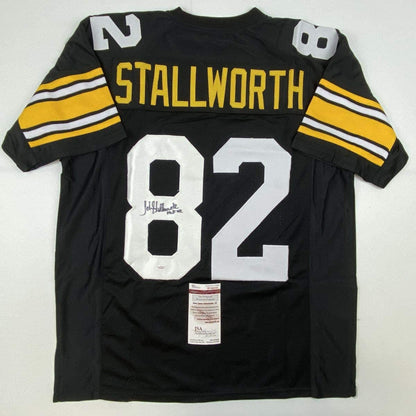 Autographed/Signed John Stallworth HOF 02 Pittsburgh Black Football Jersey JSA COA