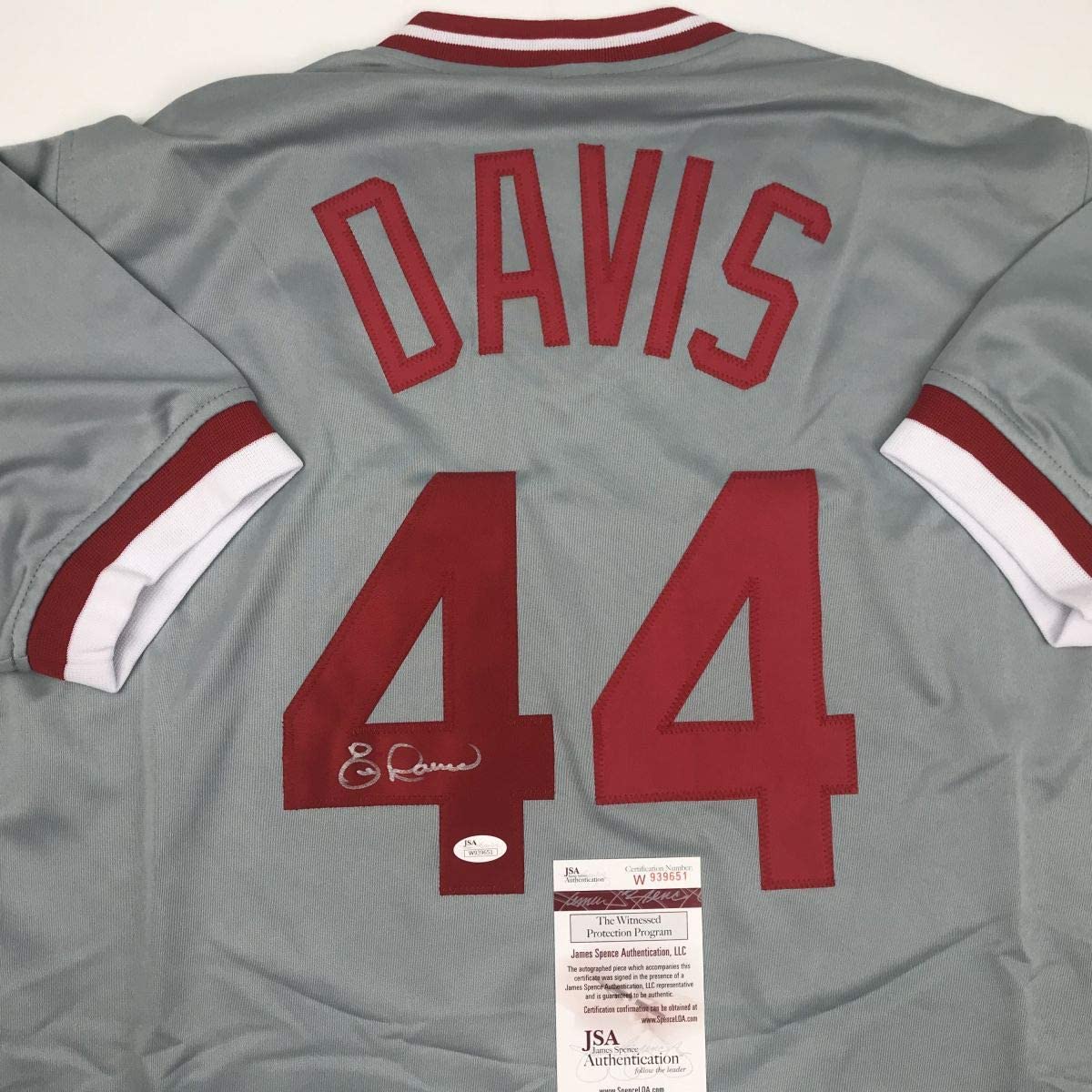 Autographed/Signed Eric Davis Cincinnati Grey Baseball Jersey JSA COA