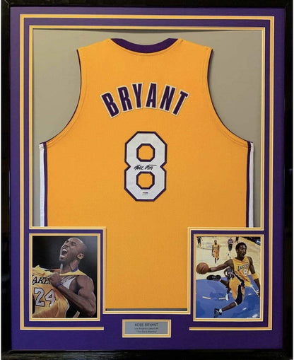 Framed Autographed/Signed Kobe Bryant 35x39 Los Angeles LA Yellow Basketball Jersey PSA/DNA COA