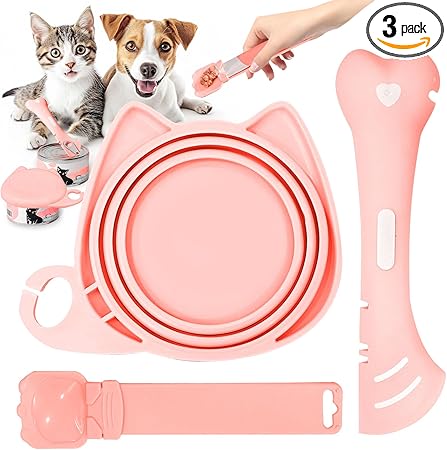 BAEJMJK Silicone Cat &Dog Food Can Cover Lid and Spoon With One Cat Strip Feeder 3Pcs Pet Cat Supplies Set Cute Shape Cats Wet Food Spoon(Opener/Spatula) Universal Can Cover´__Pink´__