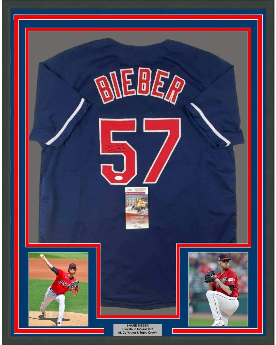Framed Autographed/Signed Shane Bieber 35x39 Cleveland Blue Baseball Jersey JSA COA