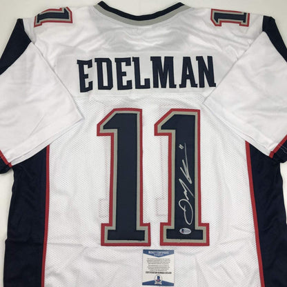 Autographed/Signed Julian Edelman New England White Football Jersey Beckett BAS COA