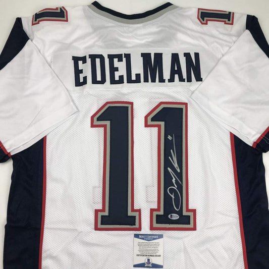 Autographed/Signed Julian Edelman New England White Football Jersey Beckett BAS COA