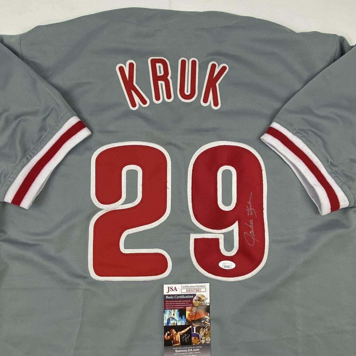 Autographed/Signed John Kruk Philadelphia Grey Baseball Jersey JSA COA